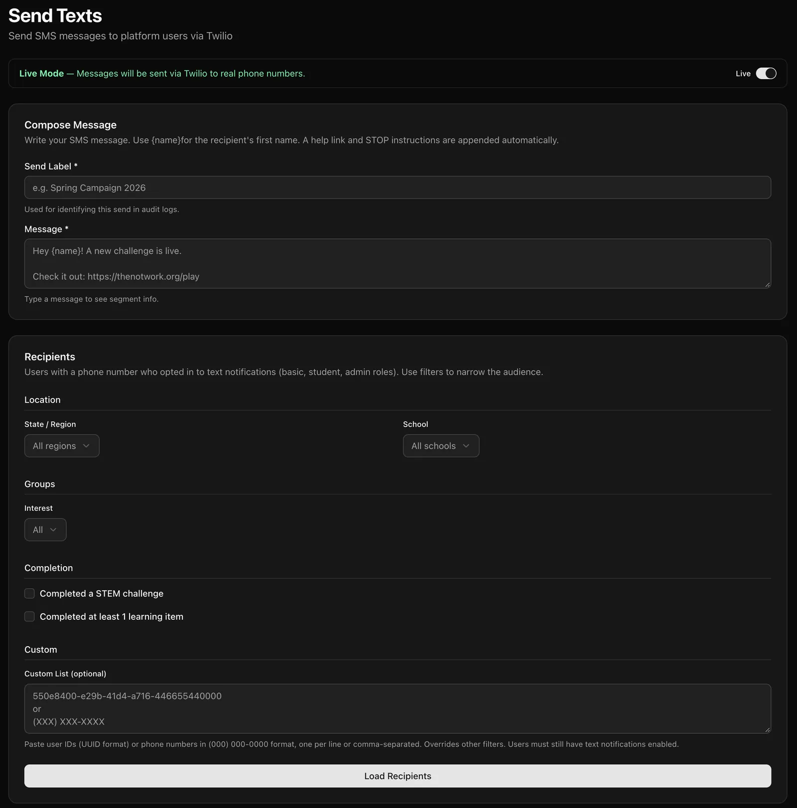 SMS composer with a live-mode toggle, message template, and recipient filters by region, school, and completion
