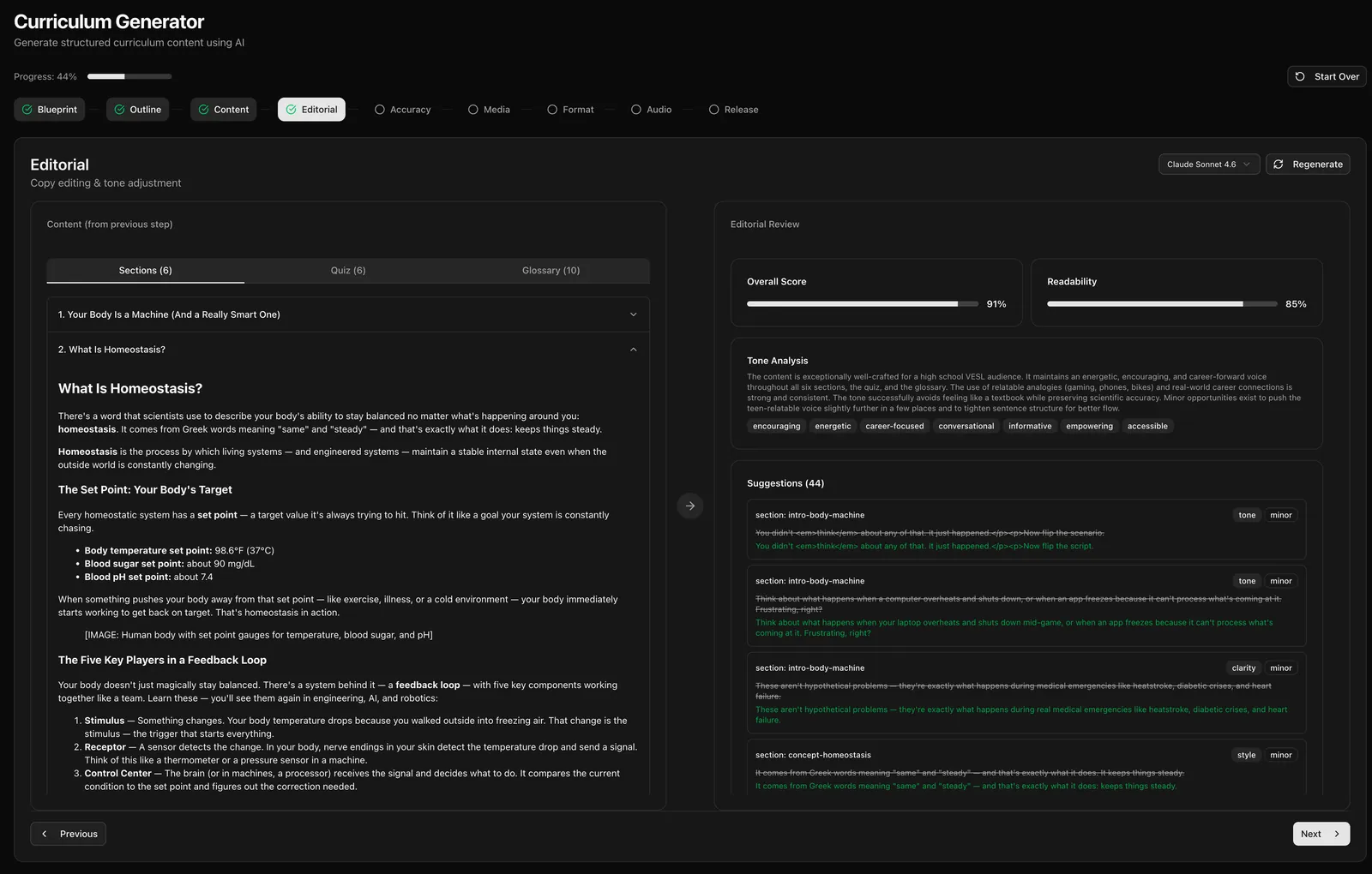 Editorial step showing overall and readability scores, a tone analysis, and suggested line edits