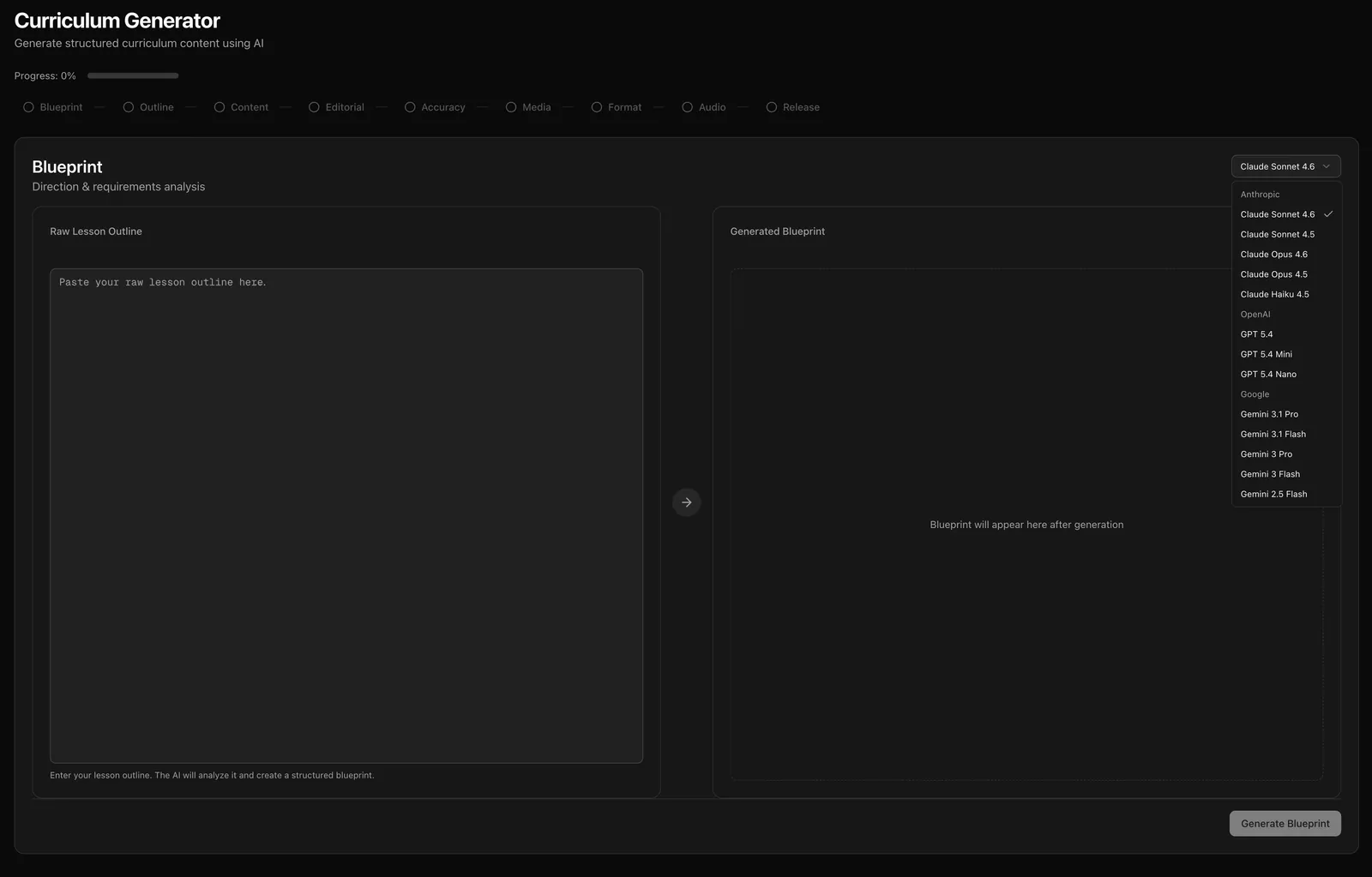 Blueprint step with the model menu open, listing Anthropic, OpenAI, and Google models